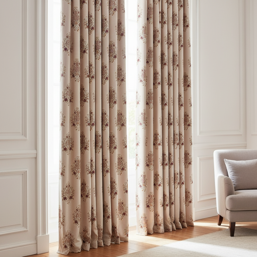 Decorative pattern with floral damask motif medallion elements on a Heavenly Pink background curtain panels