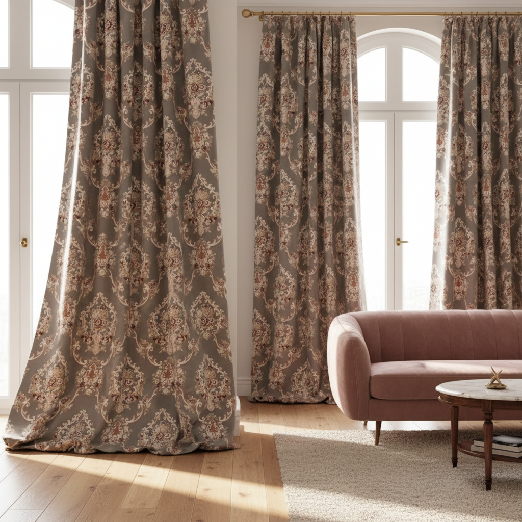 Decorative fabric with intricate floral damask on Heavenly Pink background fabric on curtain panels