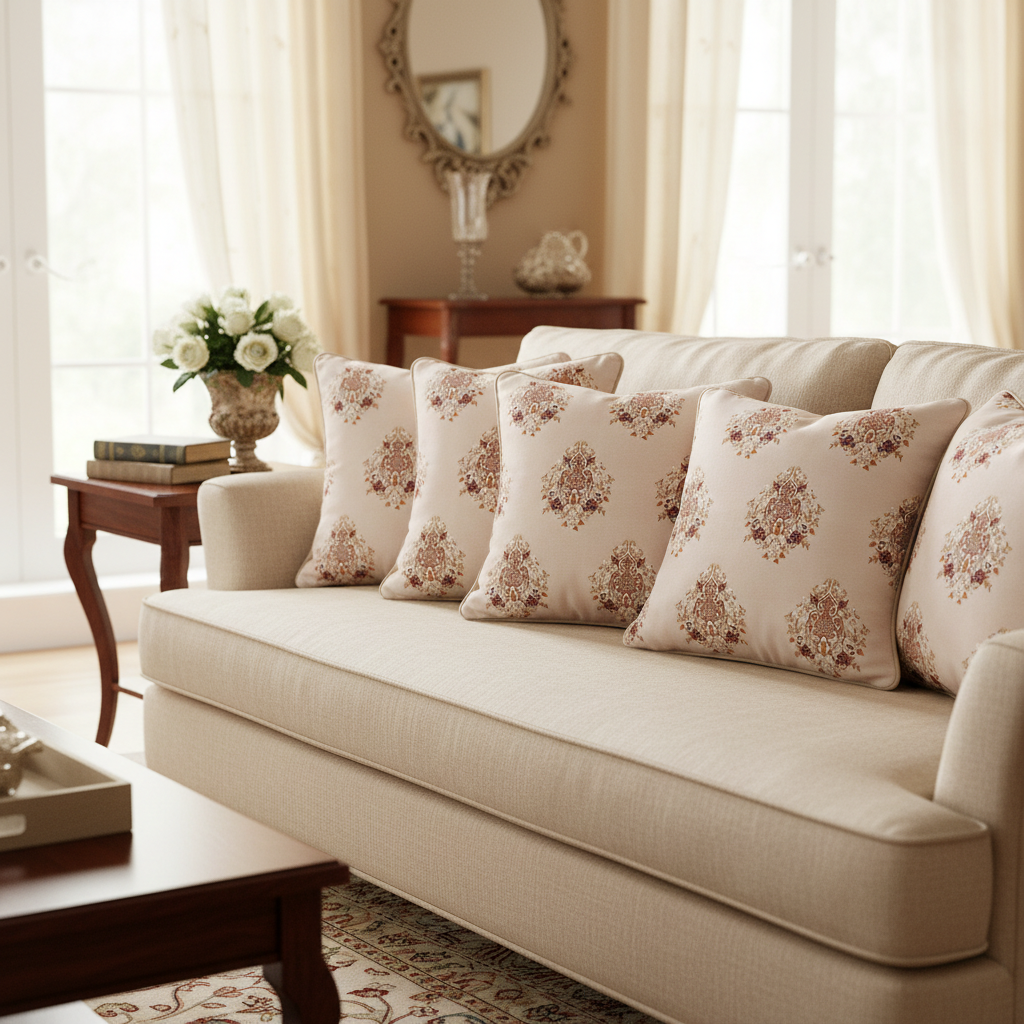 Decorative pattern with floral damask motif medallion elements on a Heavenly Pink background cushion covers