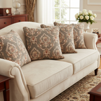 Decorative fabric with intricate floral damask on Heavenly Pink background fabric on cushion covers