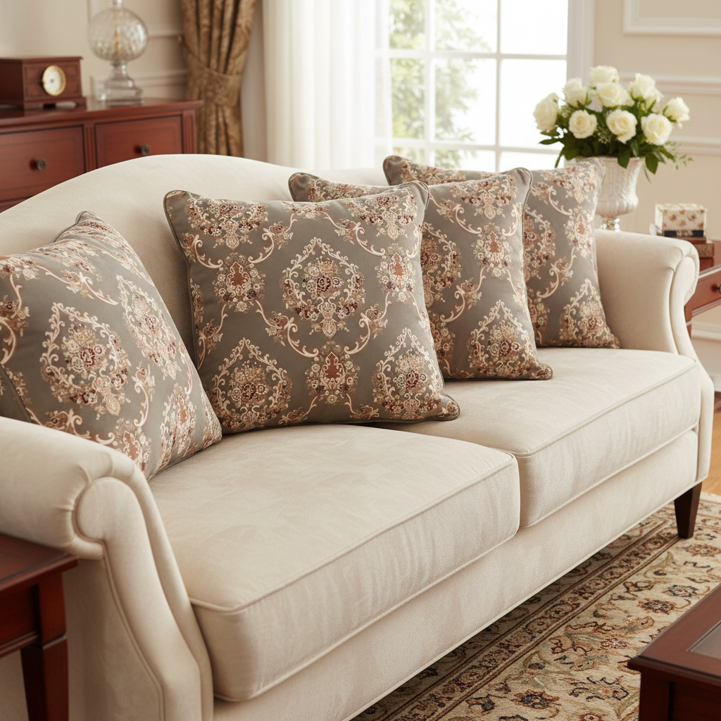 Decorative fabric with intricate floral damask on Heavenly Pink background fabric on cushion covers
