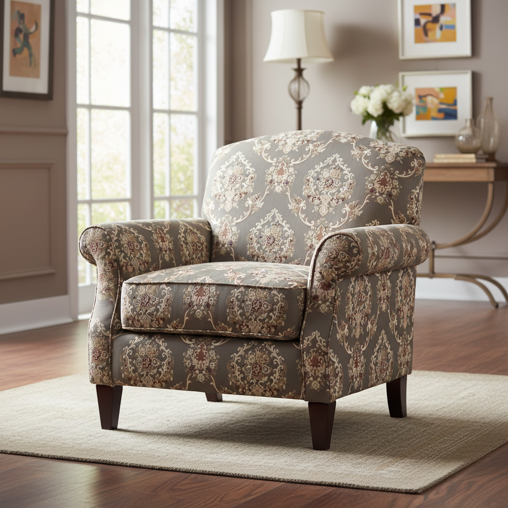 Decorative fabric with intricate floral damask on Heavenly Pink background fabric on furniture