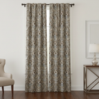 Decorative Baroque Paisley Medallion Damask Fabric with Chocolate background on curtain panel