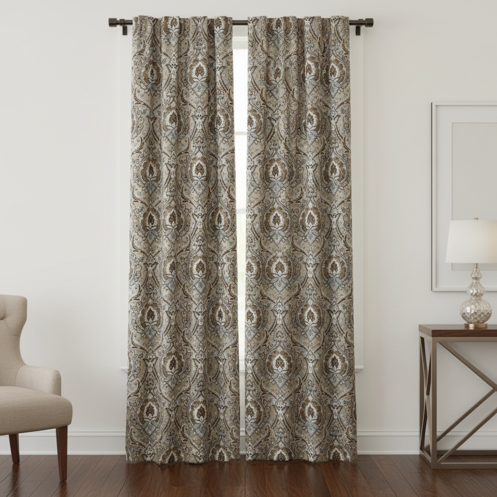 Decorative Baroque Paisley Medallion Damask Fabric with Chocolate background on curtain panel