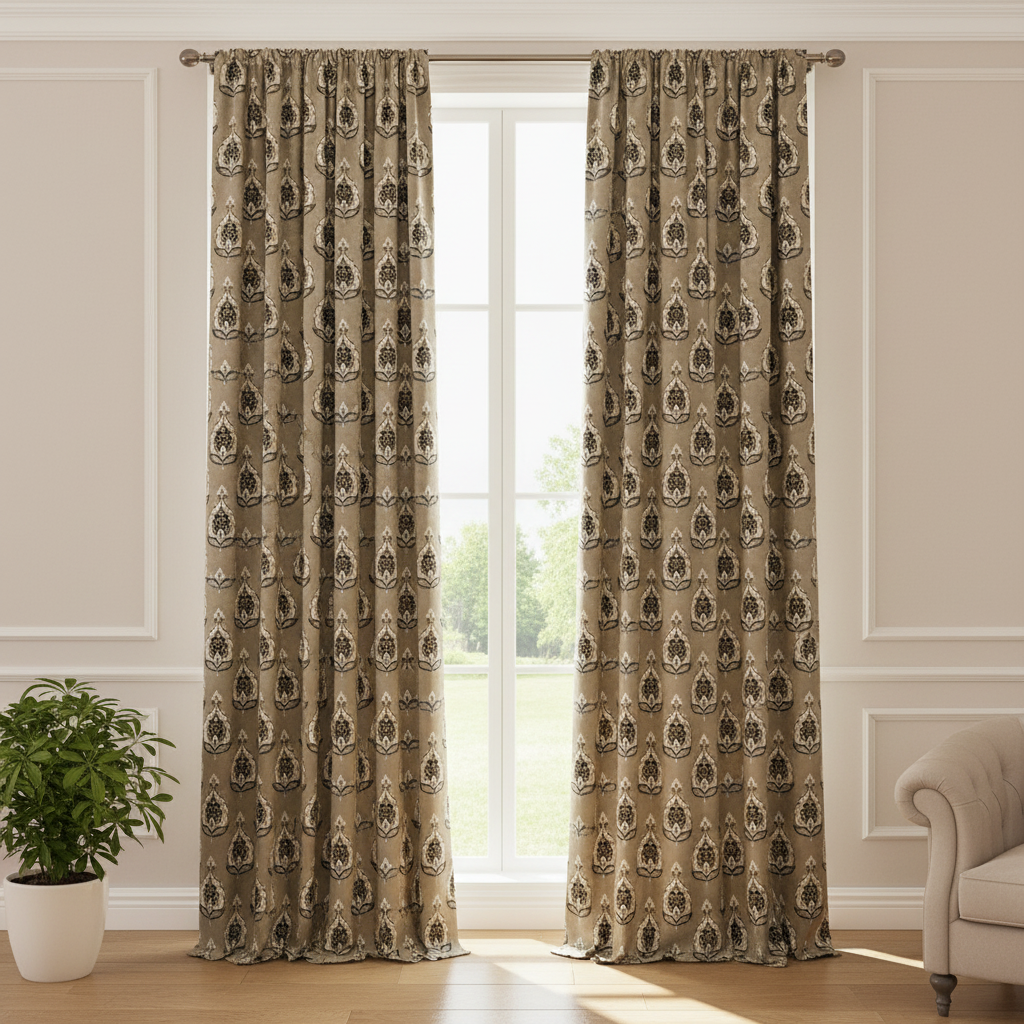 Patterned fabric with decorative Medallion Motif design on a Chocolate background on curtain panel