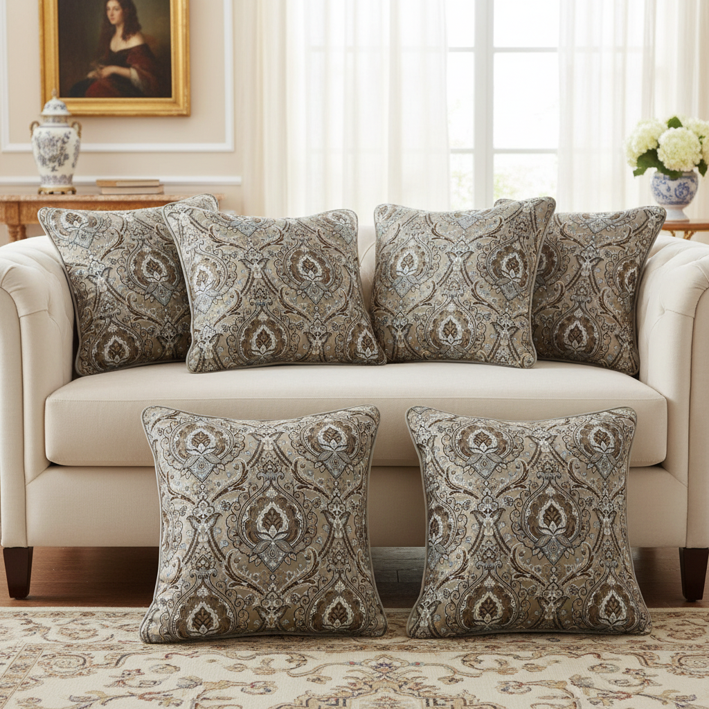 Decorative Baroque Paisley Medallion Damask Fabric with Chocolate background on cushion covers