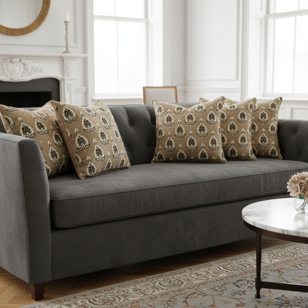 Patterned fabric with decorative Medallion Motif design on a Chocolate background on cushion covers