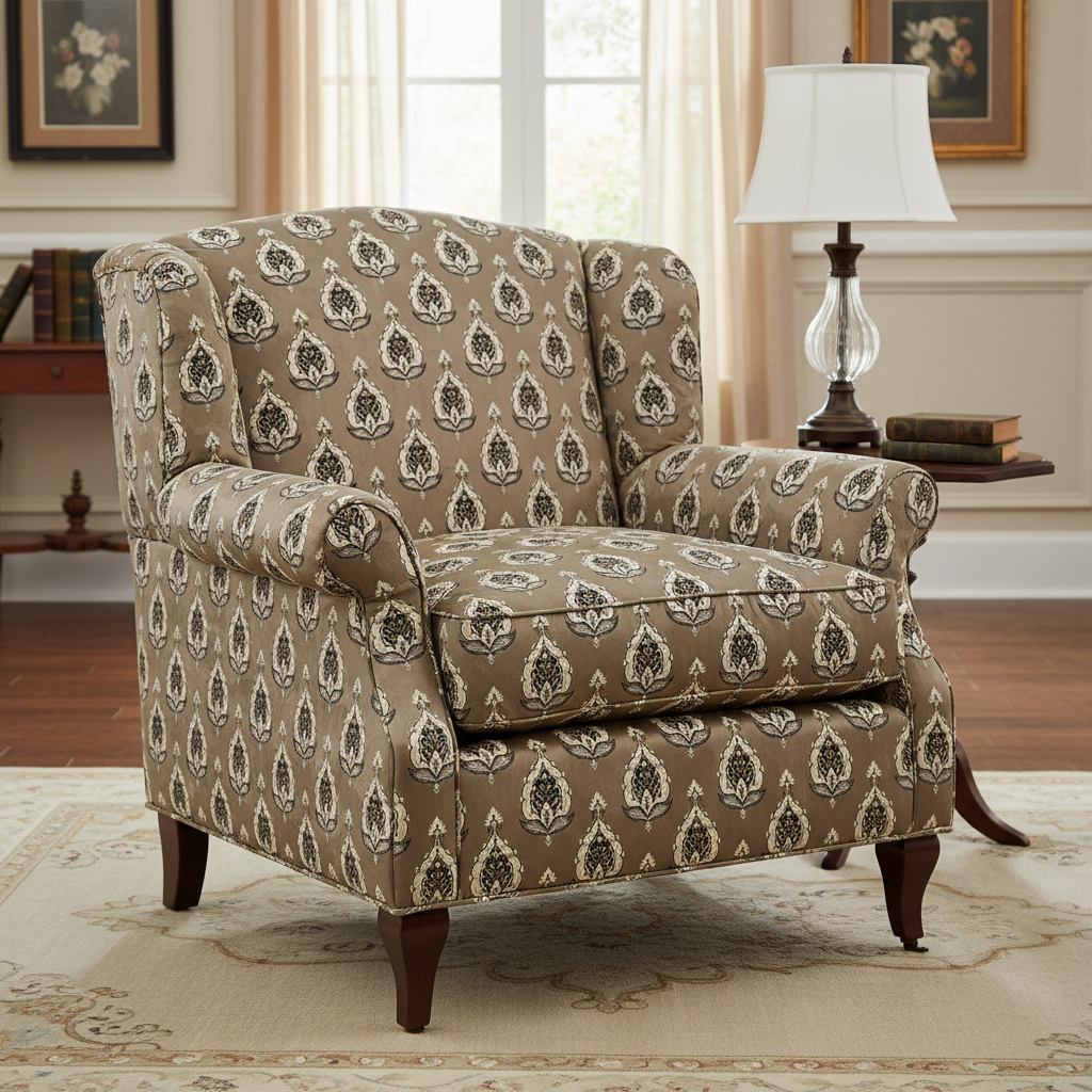 Patterned fabric with decorative Medallion Motif design on a Chocolate background on furniture