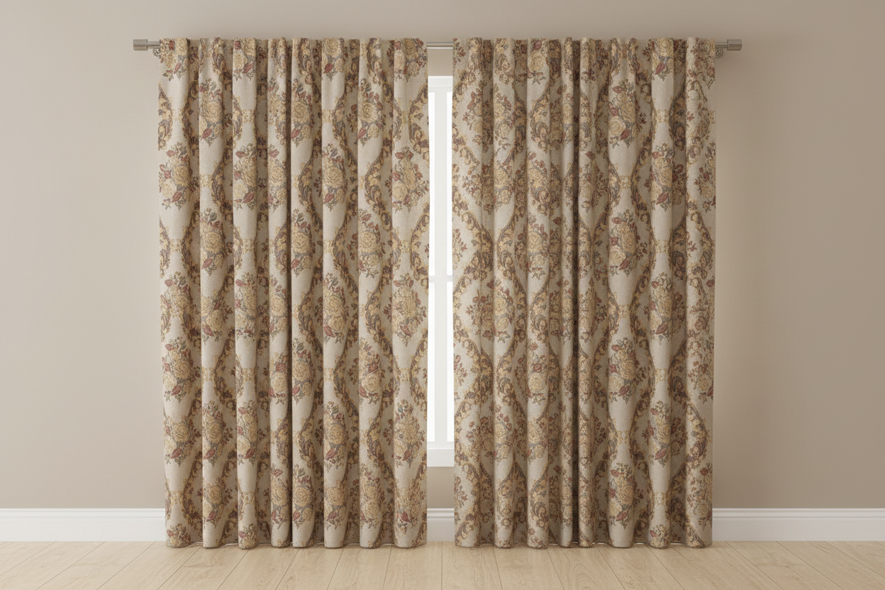 Decorative floral and baroque damask pattern on a background with Peach design on curtain panel