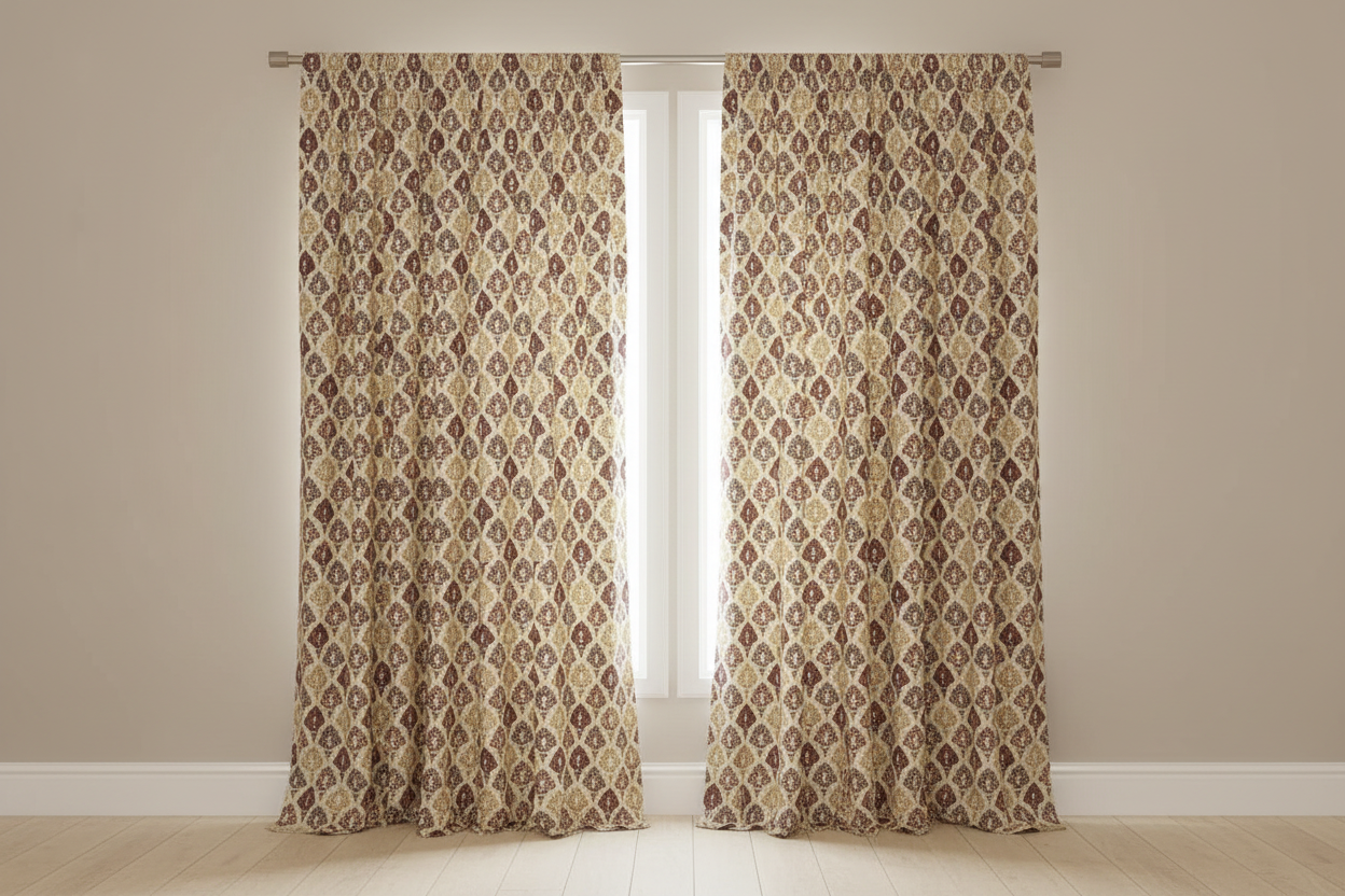 Damask Motifs representing Mughal Chandelier design in beige background with Peach design on curtain panel
