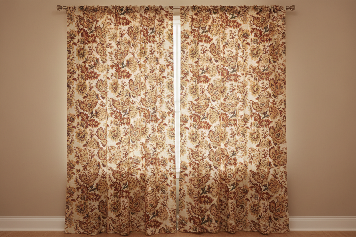 Close-up of a floral pattern beige and Peach curtain panel