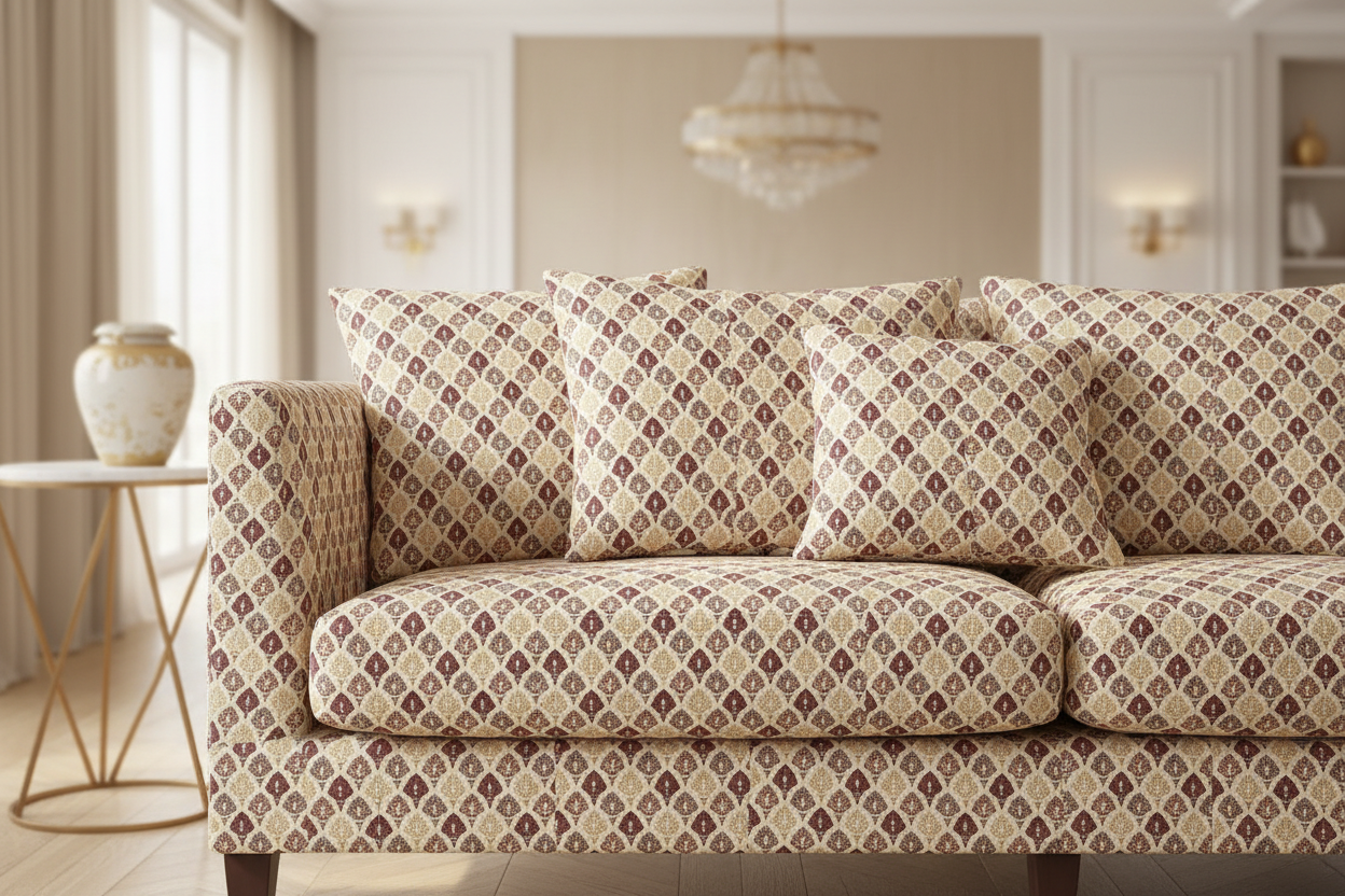 Damask Motifs representing Mughal Chandelier design in beige background with Peach design on cushion covers