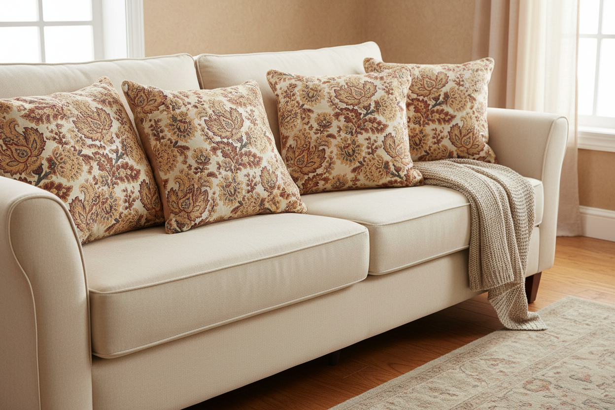 Close-up of a floral pattern beige and Peach cushion covers