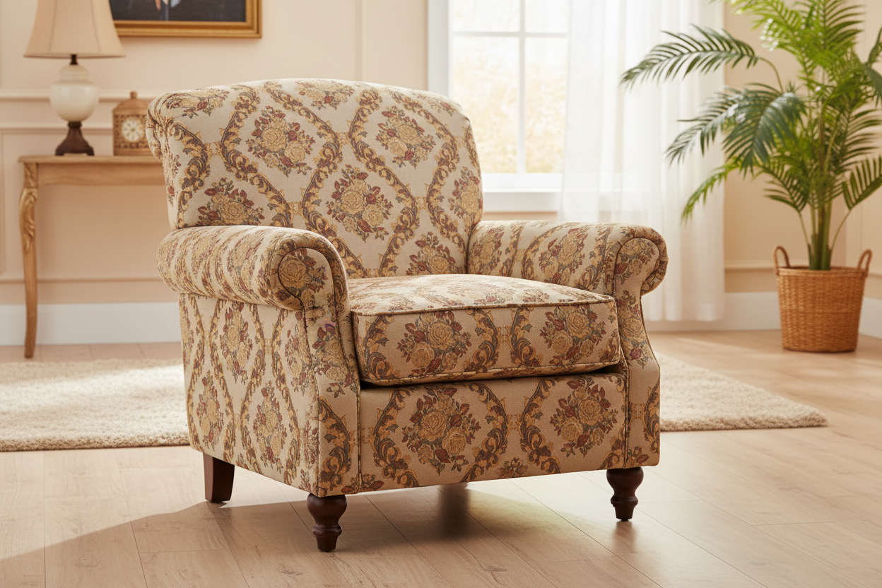 Decorative floral and baroque damask pattern on a background with Peach design on furniture