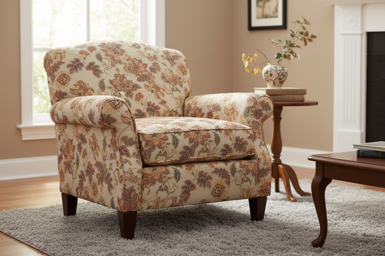 Floral embroidery pattern on jacquard fabric Peach Color on furniture