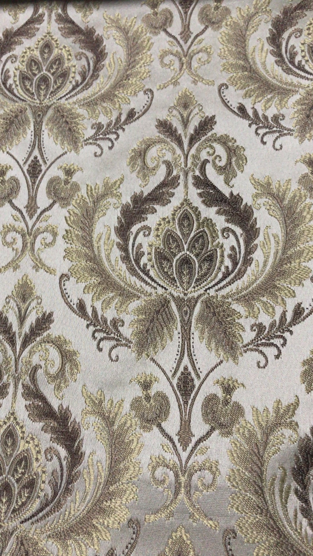 Taupe damask pattern fabric video for curtains and upholstery
