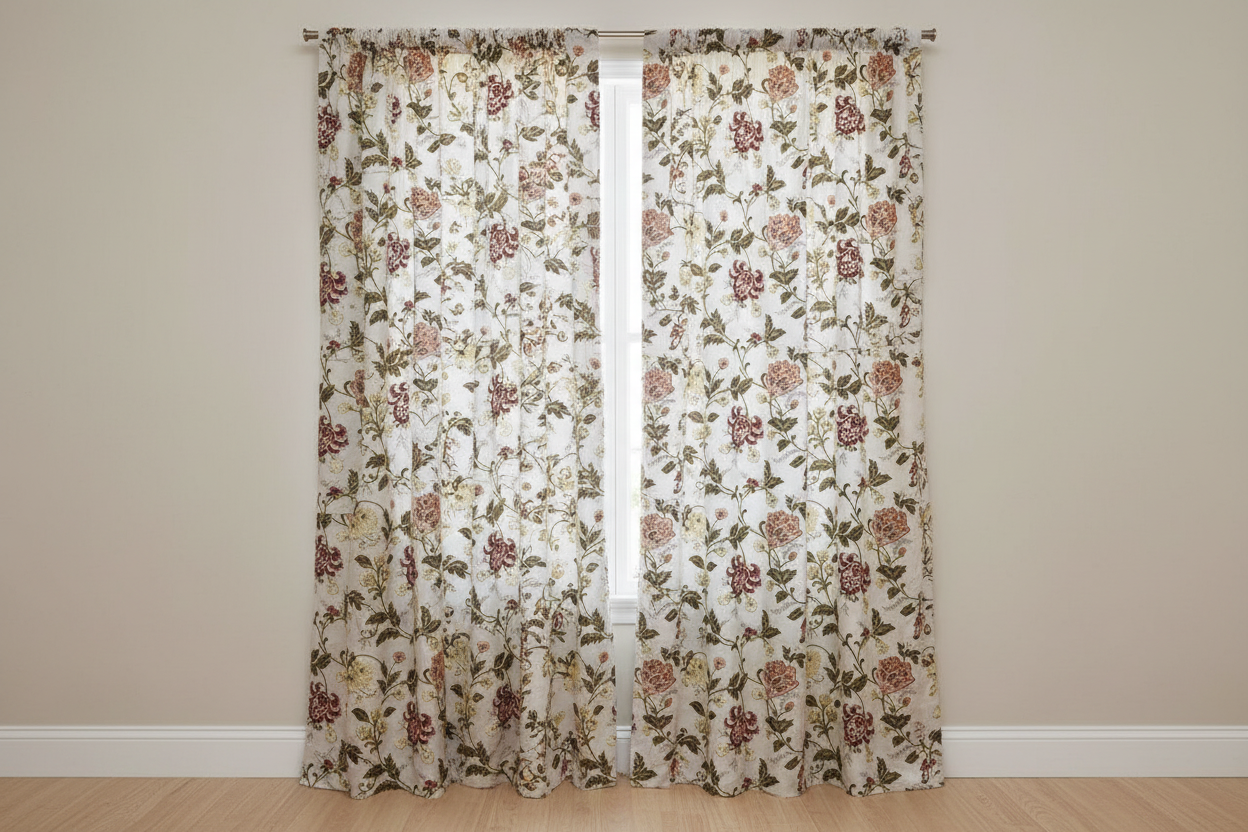 Embroidered Red floral pattern on fabric on curtain panels