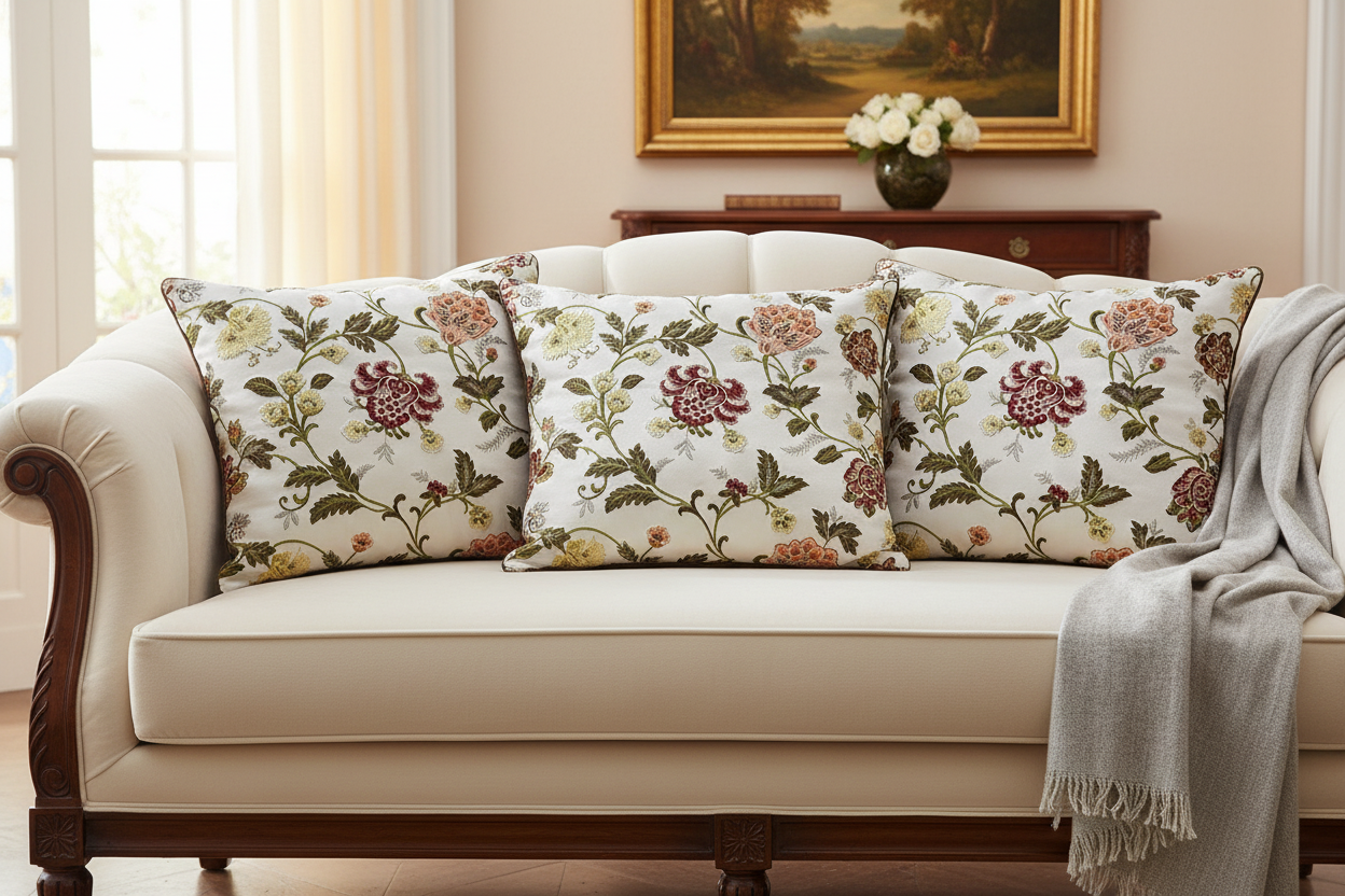 Embroidered Red floral pattern on fabric on cushion covers