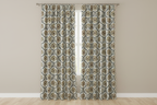 Decorative fabric with intricate Rust floral pattern on a beige background on curtain panel
