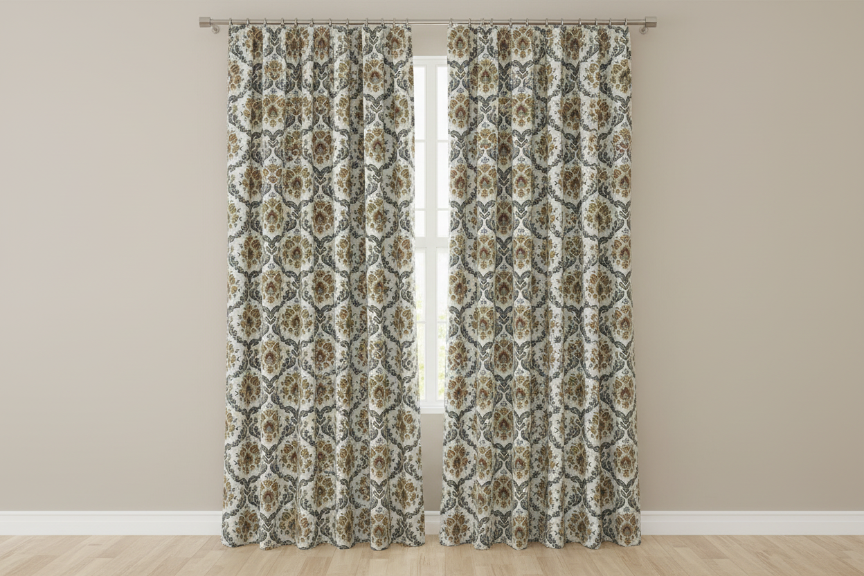 Decorative fabric with intricate Rust floral pattern on a beige background on curtain panel