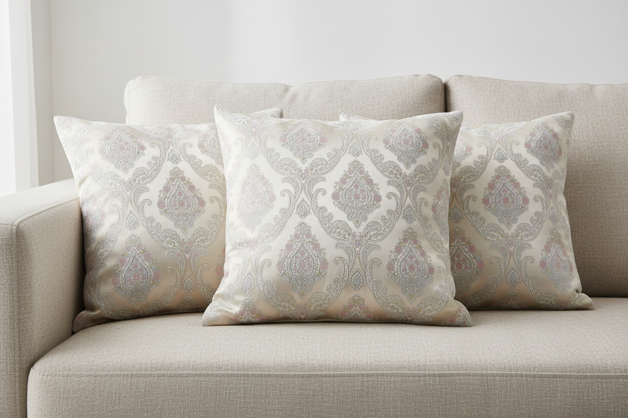 Decorative Damask Paisley pattern with intricate designs with Scotch Mist Background on cushion covers