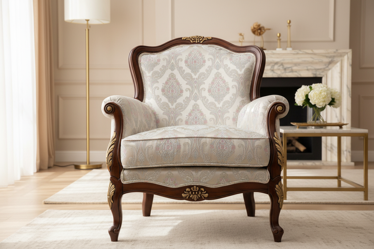 Decorative Damask Paisley pattern with intricate designs with Scotch Mist Background on a Chair