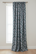 Decorative Damask Paisley pattern with intricate designs with Teal Blue Background as a curtain panel