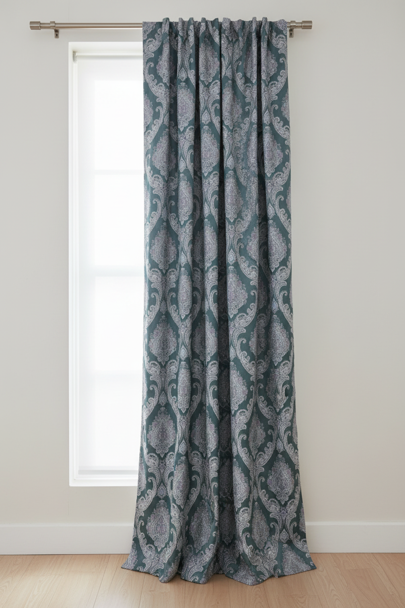 Decorative Damask Paisley pattern with intricate designs with Teal Blue Background as a curtain panel