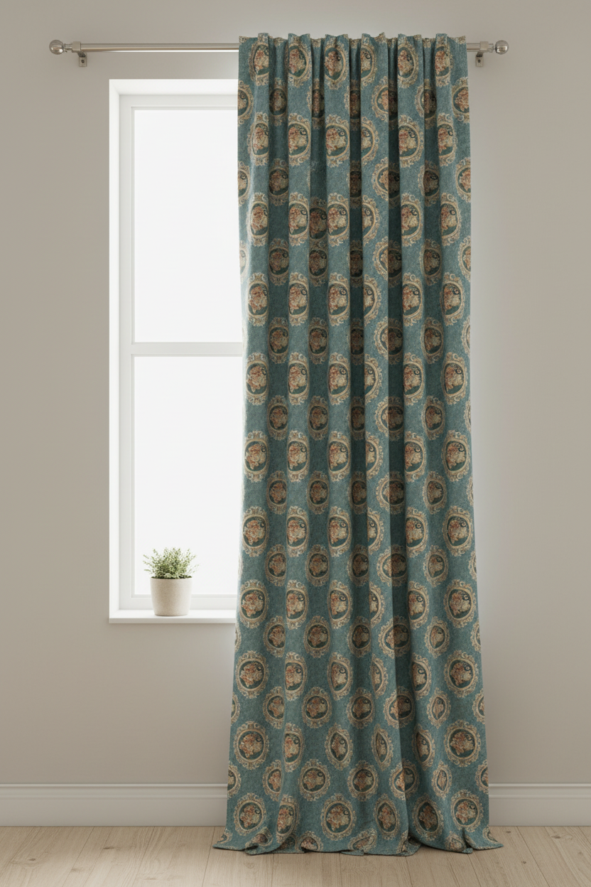Decorative fabric with floral embroidery and intricate pattern such as Victorian Mirror Floral on an Teal Blue on curtain panel