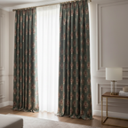 Decorative pattern with floral damask motif medallion elements on a Teal Blue background curtain panels