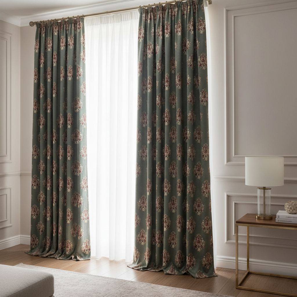 Decorative pattern with floral damask motif medallion elements on a Teal Blue background curtain panels