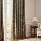 Decorative fabric with intricate floral damask on Teal Blue background fabric on curtain panels