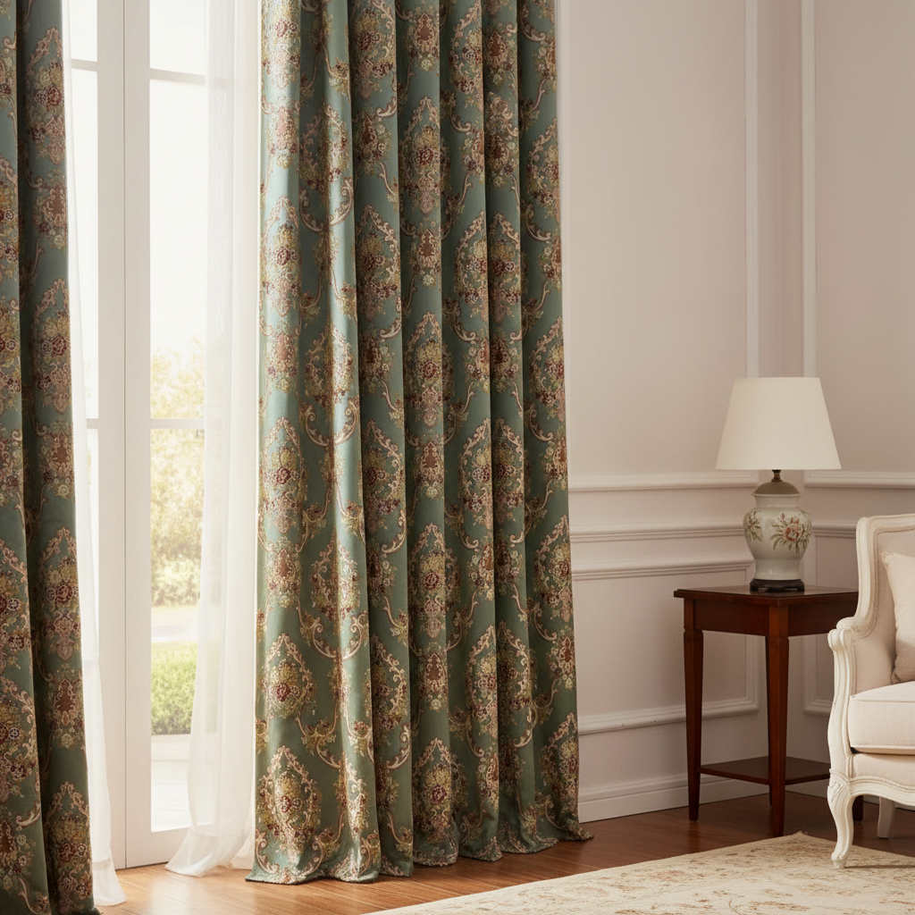Decorative fabric with intricate floral damask on Teal Blue background fabric on curtain panels