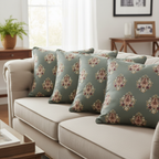 Decorative pattern with floral damask motif medallion elements on a Teal Blue background cushion covers