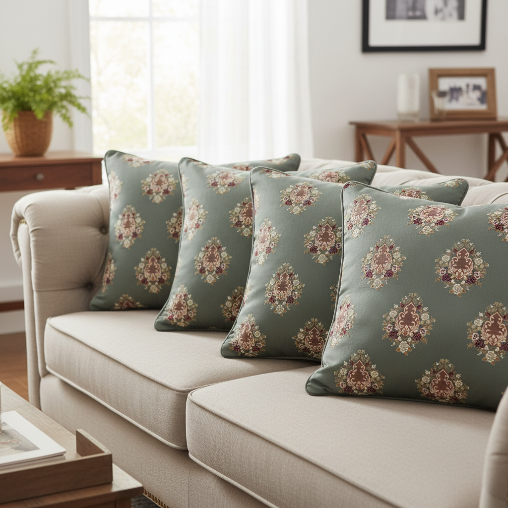 Decorative pattern with floral damask motif medallion elements on a Teal Blue background cushion covers