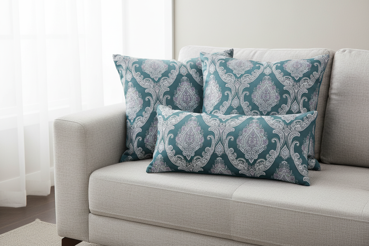 Decorative Damask Paisley pattern with intricate designs with Teal Blue Background as cushion covers