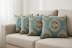 Decorative fabric with floral embroidery and intricate pattern such as Victorian Mirror Floral on an Teal Blue on cushion covers