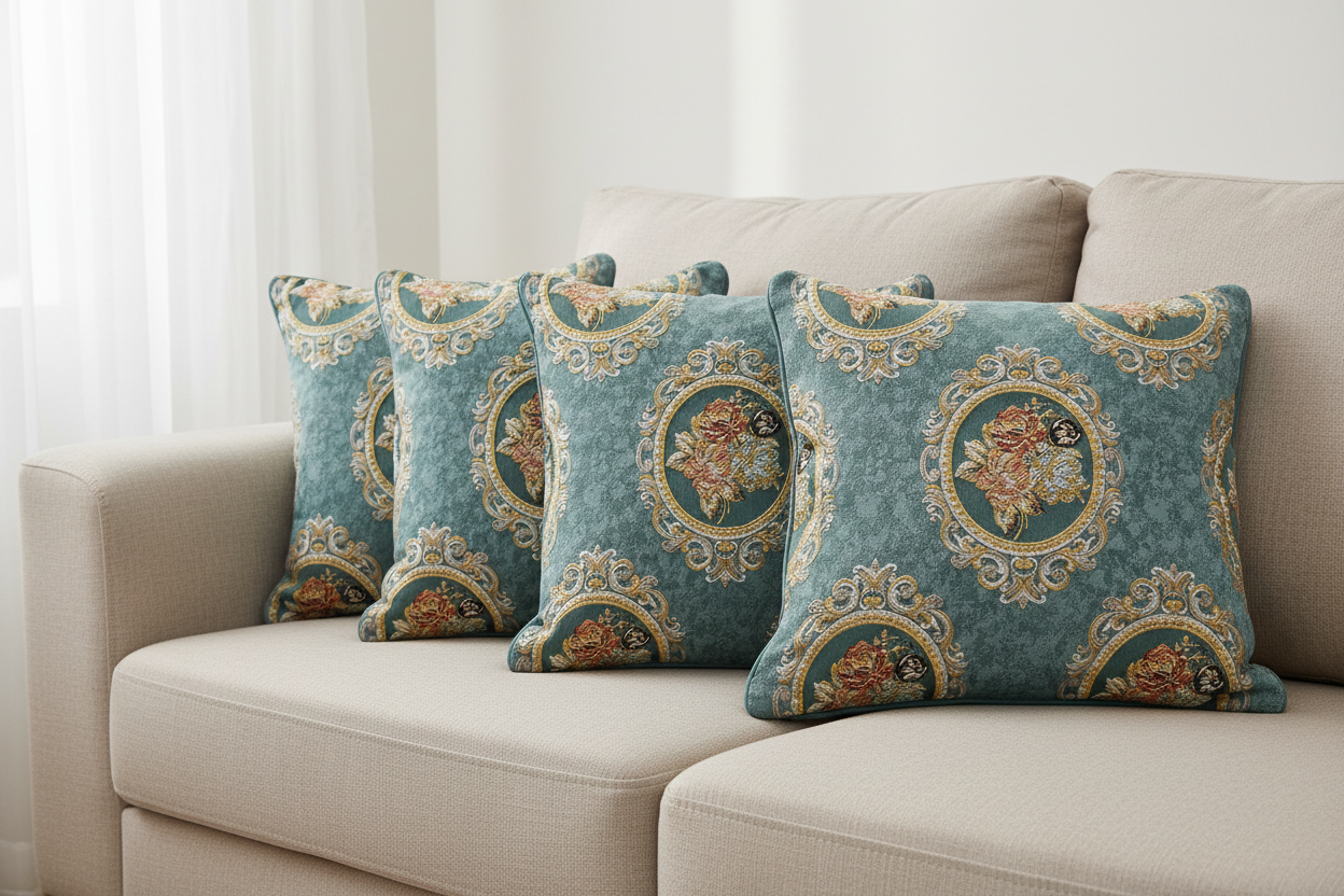 Decorative fabric with floral embroidery and intricate pattern such as Victorian Mirror Floral on an Teal Blue on cushion covers