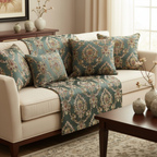 Decorative fabric with intricate floral damask on Teal Blue background fabric on cushion covers