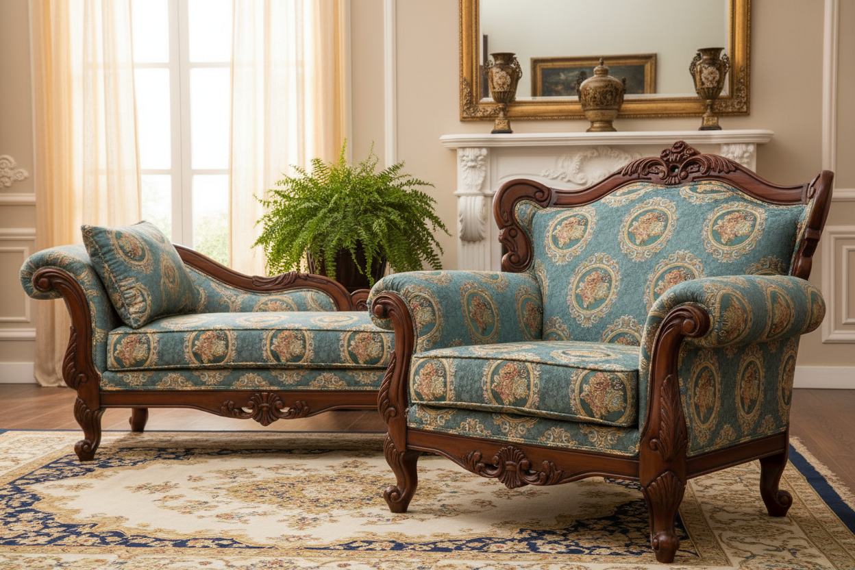 Decorative fabric with floral embroidery and intricate pattern such as Victorian Mirror Floral on an Teal Blue on a furniture