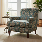 Decorative fabric with intricate floral damask on Teal Blue background fabric on furniture