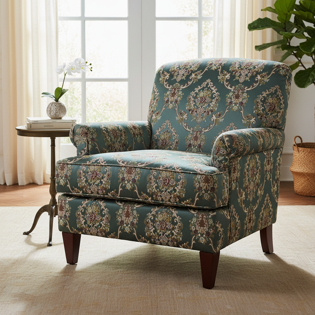 Decorative fabric with intricate floral damask on Teal Blue background fabric on furniture