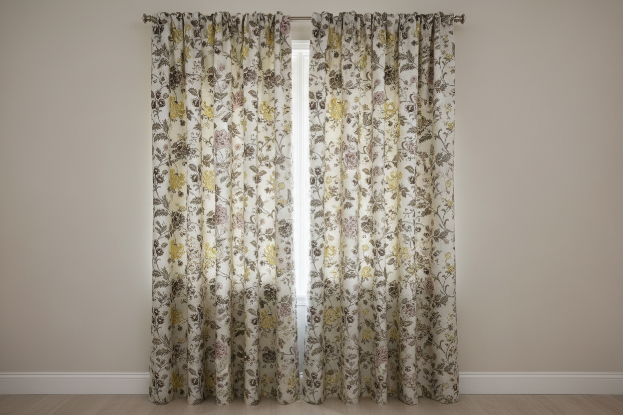 Embroidered Yellow floral pattern on fabric on curtain panels